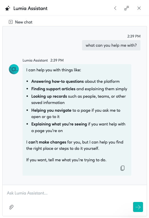 The Lumia Assistant chat panel answering a question inside the platform.