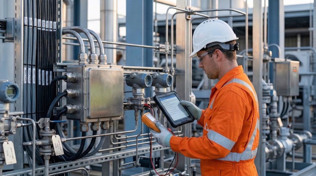 A technician checking instrumentation on a processing plant