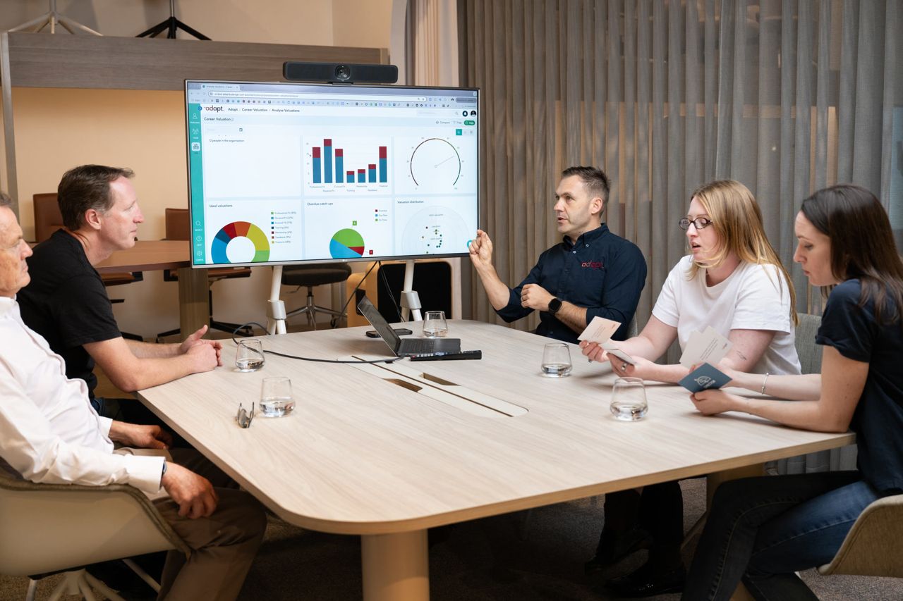 A leadership team working through their business on the Adapt platform, the valuation dashboard on screen.
