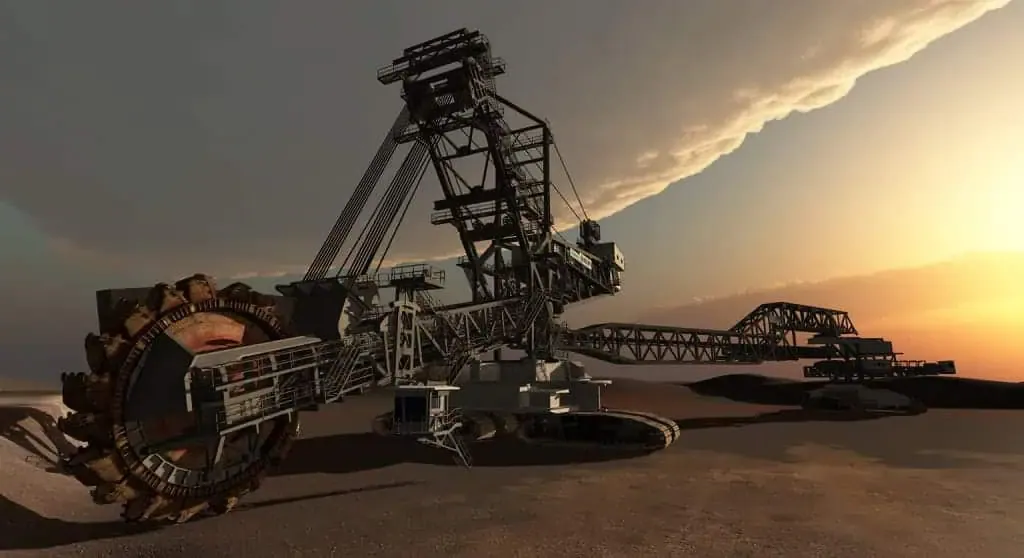 A 3D rendered digital-twin visualisation of a bucket-wheel reclaimer at a mine site, not a photograph