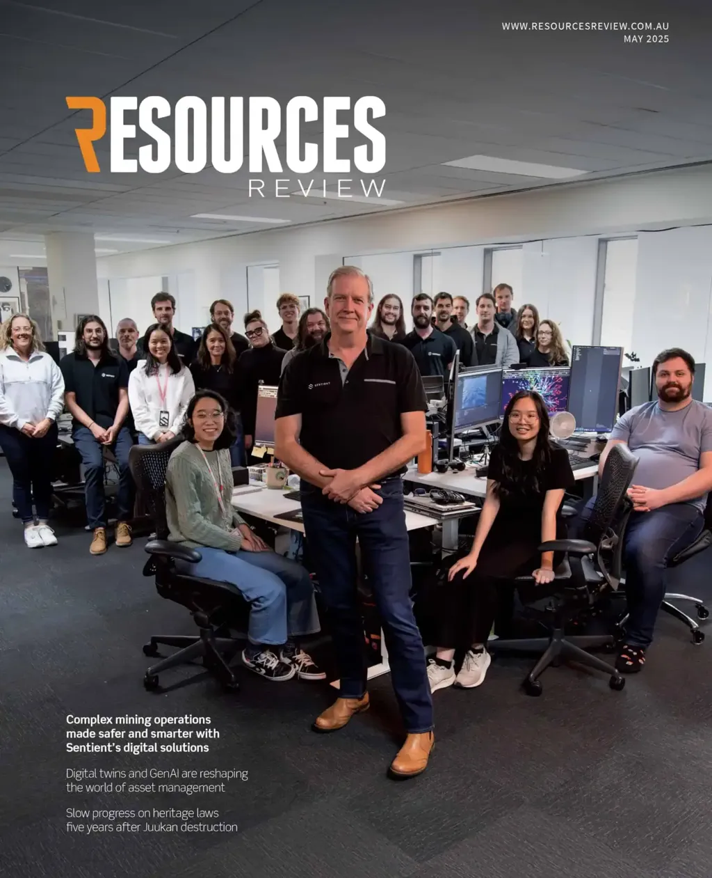 The Sentient Computing team, led by founder Doug Bester, on the cover of Resources Review magazine, May 2025