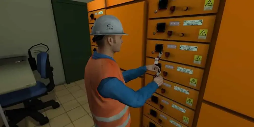 A screenshot from a VR safety-training simulation showing a worker in hi-vis interacting with an electrical switchboard