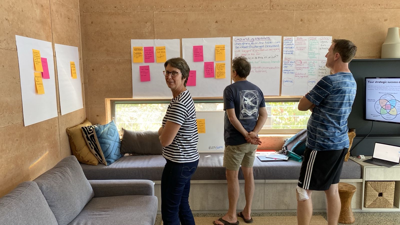 An Adapt working session, strategy mapped across the wall on paper and sticky notes.