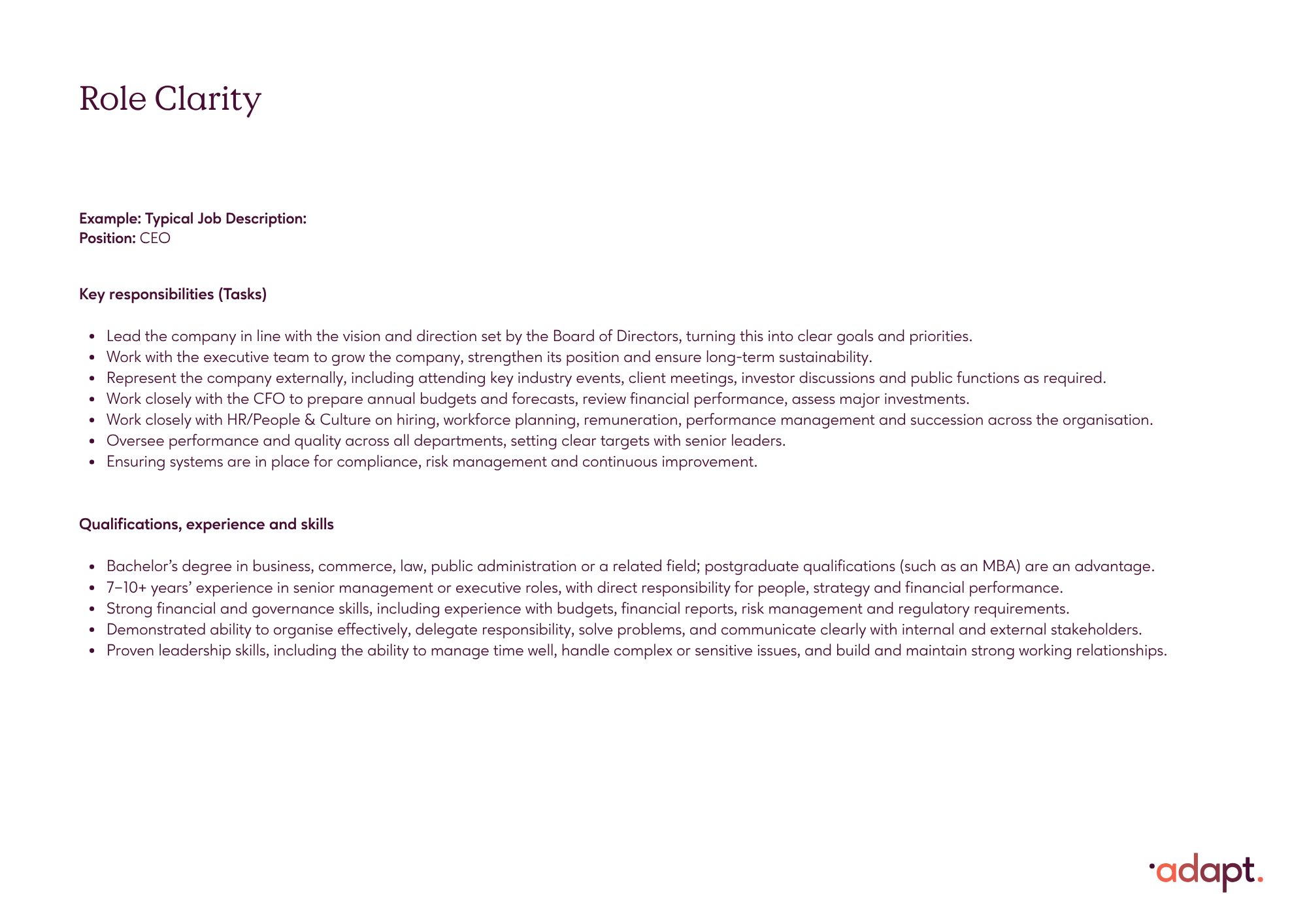Example of a typical CEO job description listing key responsibilities as tasks and qualifications