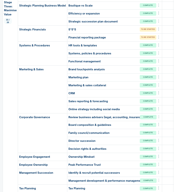 The business roadmap with 22 of 25 items marked complete across strategic planning, systems and procedures, marketing and sales, corporate governance, employee engagement and ownership, management succession and tax planning, with two strategic financials items still to be started